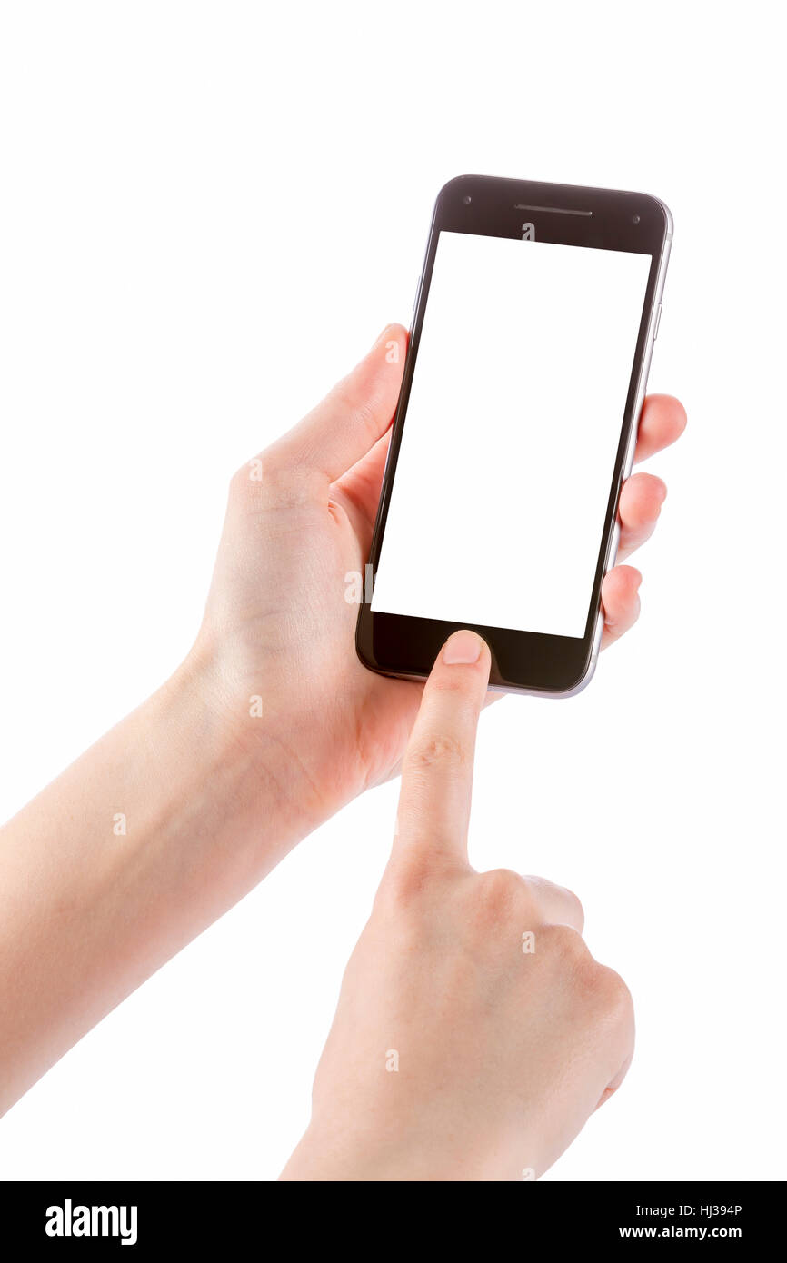 Frau Smartphone in ihren Händen hält. Finger berühren Taste "home" Stockfoto