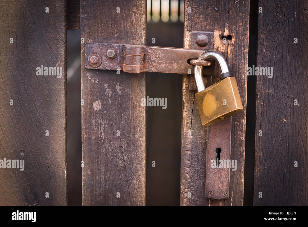 Nahaufnahme eines Vorhängeschlosses mit einem alten Metall Hasp und Grundnahrungsmittel auf einer alten Holztür Stockfoto