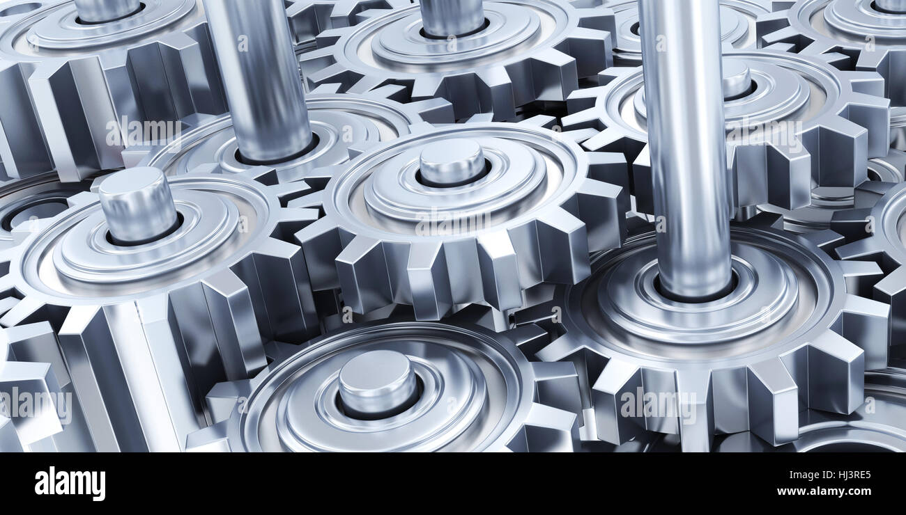 Viele Stahl-Zahnrad-Hintergrund. 3D illustration Stockfoto