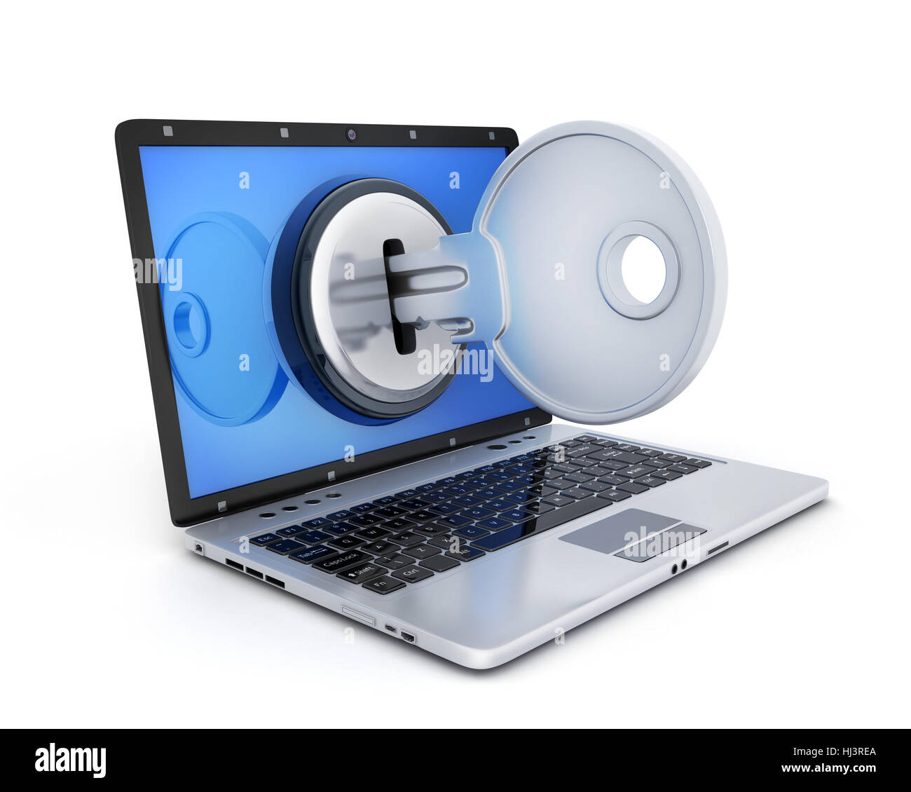 Laptop schützen und Schlüssel. 3D illustration Stockfoto
