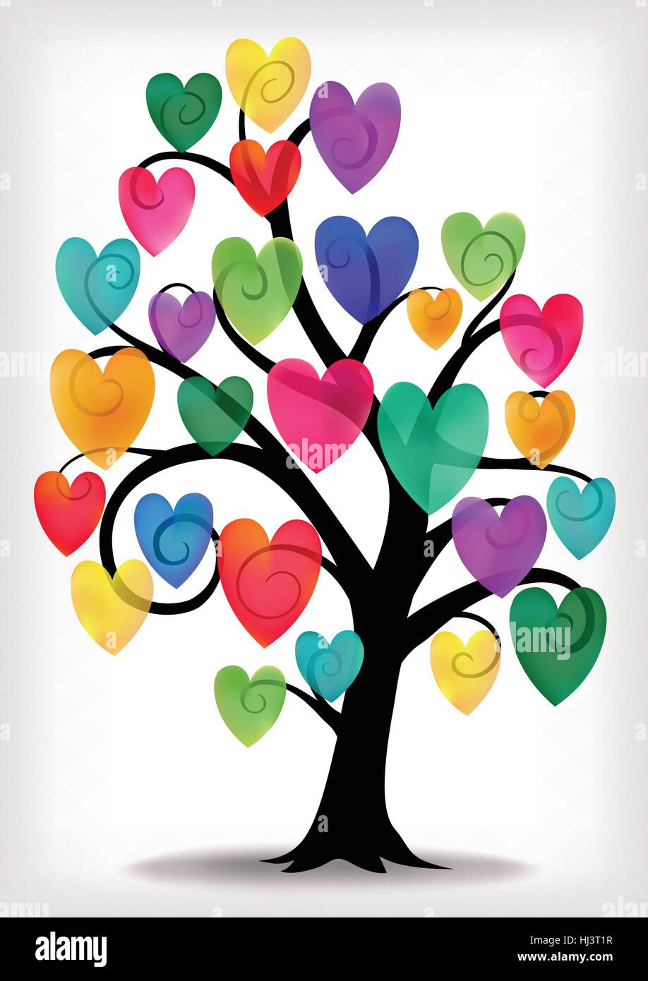 Swirly Baum Abbildung mit Multi farbige Herzen. Stock Vektor