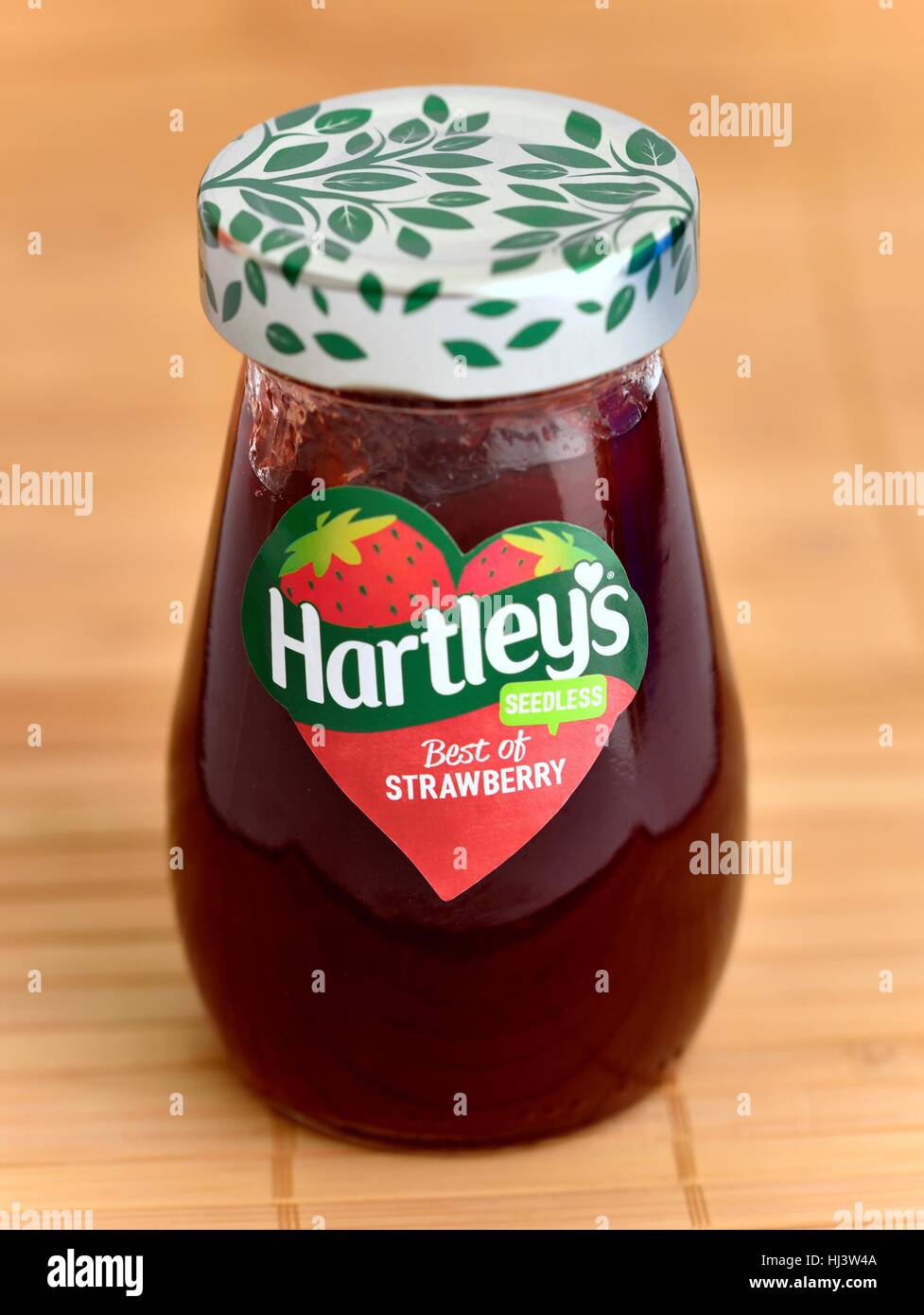 Marmeladenglas Hartleys Erdbeere Stockfoto