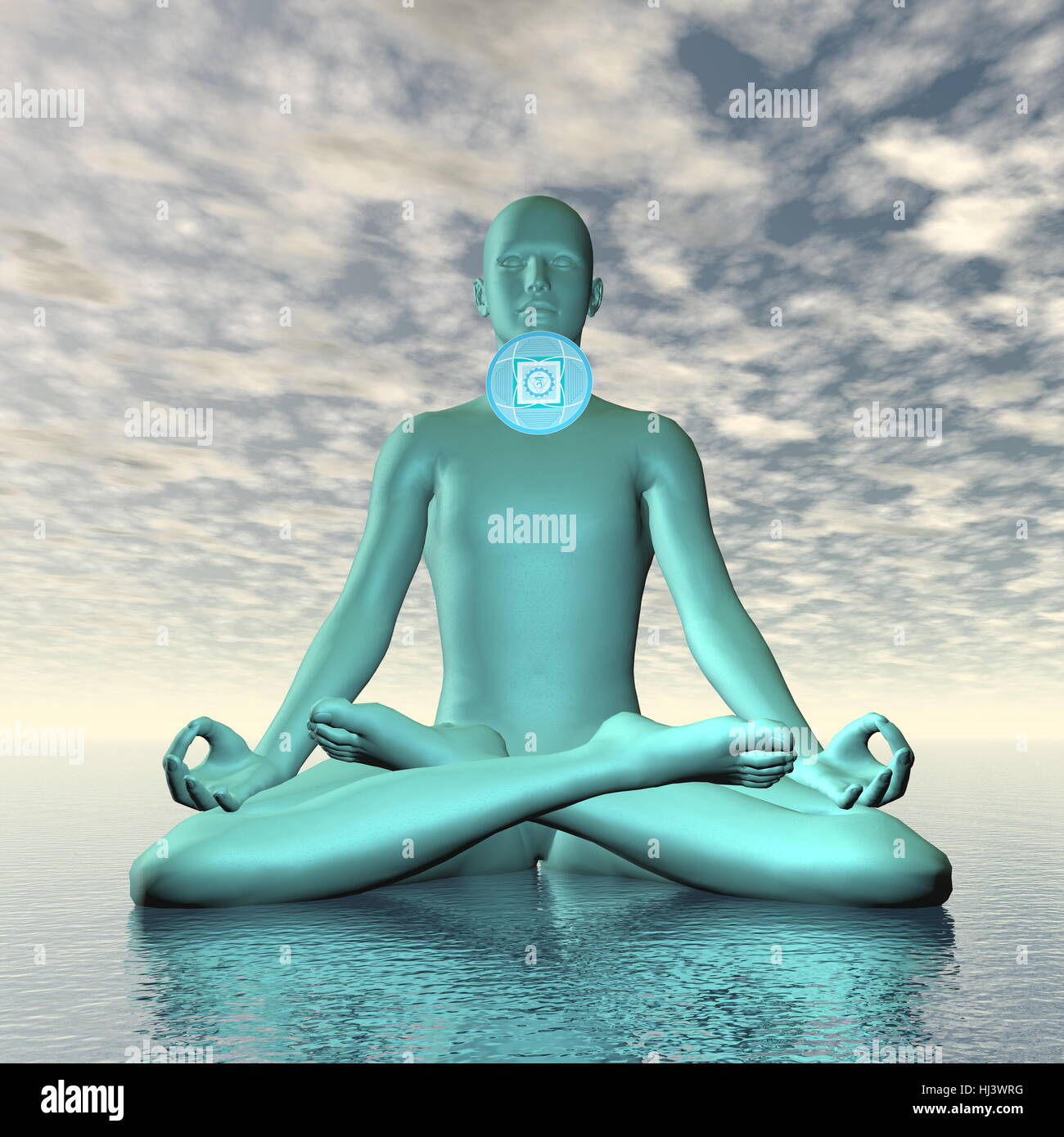 Silhouette eines Mannes meditieren mit blauen Vishuddhi, Vishuddha oder Hals Chakra-Symbol auf Ozean im bewölkten Hintergrund - 3D render Stockfoto