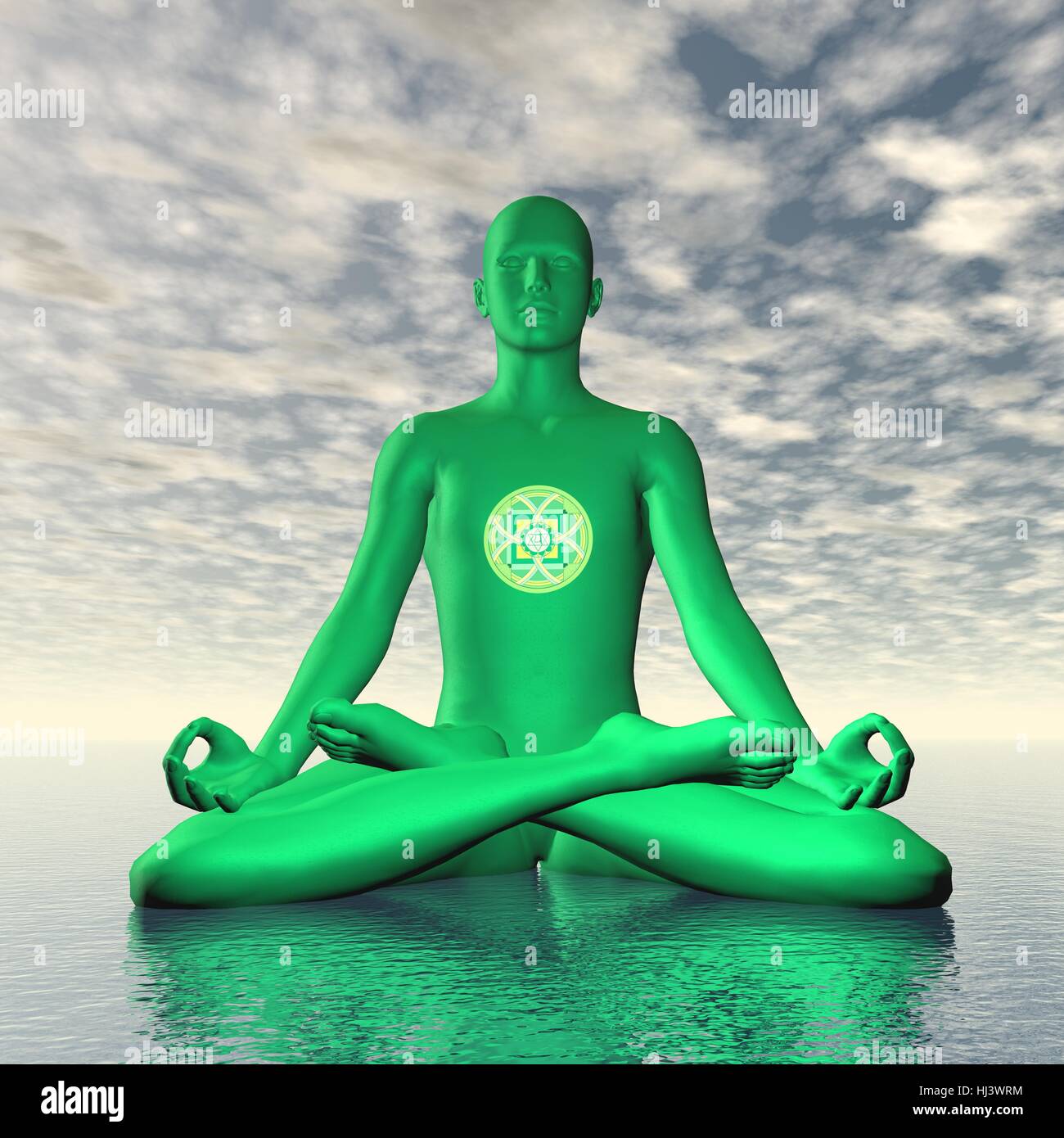 Silhouette eines Mannes meditieren mit grünen Herz oder Anahata Chakra Symbol auf Ozean im bewölkten Hintergrund - 3D render Stockfoto