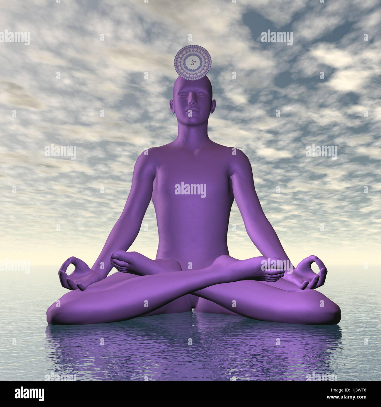 Silhouette eines Mannes meditieren mit Violett Lila Sahasrara oder Kronen-Chakra-Symbol auf Ozean im bewölkten Hintergrund - 3D render Stockfoto