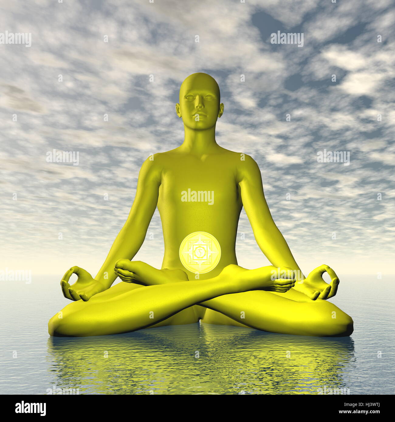 Silhouette eines Mannes meditieren mit gelben Manipura oder Solar-Plexus-Nabel-Chakra-Symbol Ozean im bewölkten Hintergrund - 3D render Stockfoto