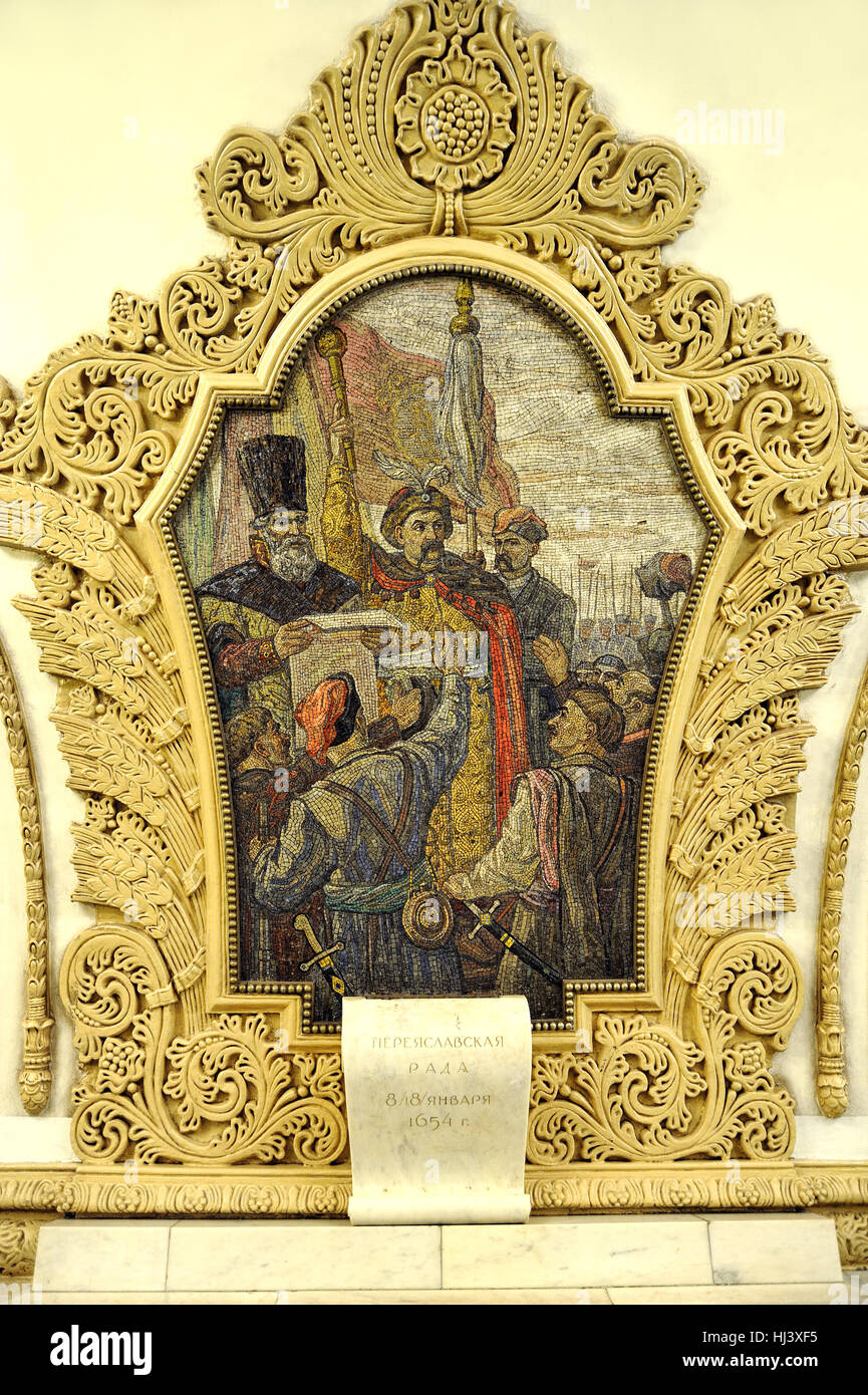 Mosaik-Panel "Perejaslawl Rada am 8/18 Januar 1654'. Fragment des Innenraums der Kievskaya-Ring Station der Moskauer Metro Stockfoto