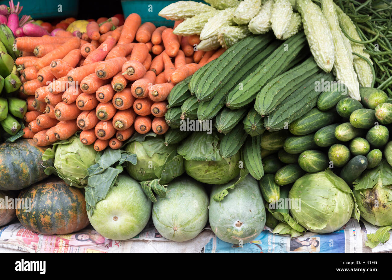 Frisches Gemüse am Fort Kochin angeordnet zu vermarkten, Cochin, Kerala, Indien Stockfoto