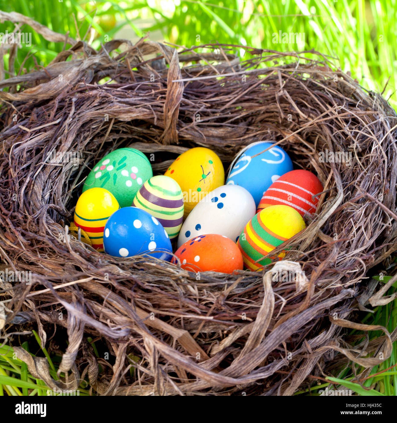 Sonnenlicht, Ostern, Nest, Eiern, Ostereier, Wiese, Rasen, Rasen, grün, Glanz, Stockfoto