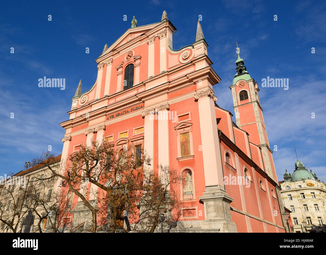 Ljubljana, Slowenien. Franziskaner Kirche der Mariä Verkündigung. Stockfoto