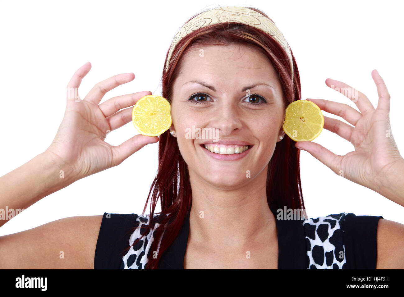 Frau hat Citrons stattdessen Ohren Stockfoto