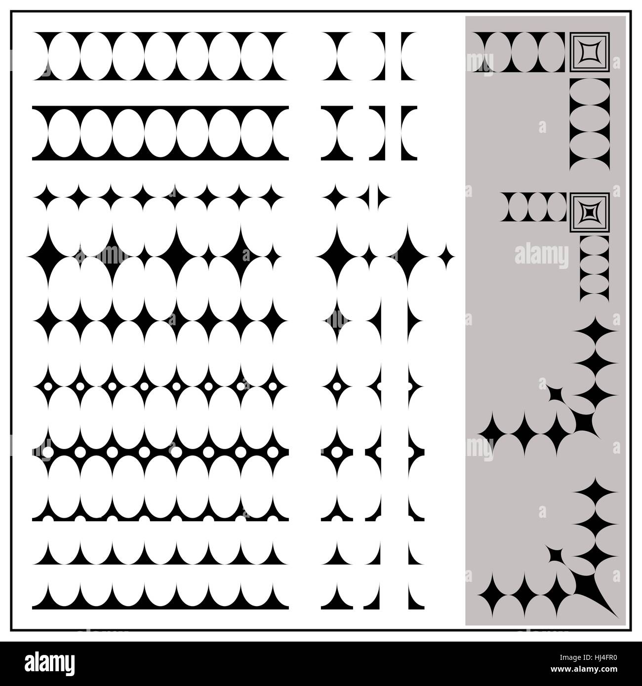 Diamant-Fries modular. Eine Vektor-Design-set horizontal nahtlose Grenzen und deren Elemente, mit Beispielen des einfachen cor Stock Vektor