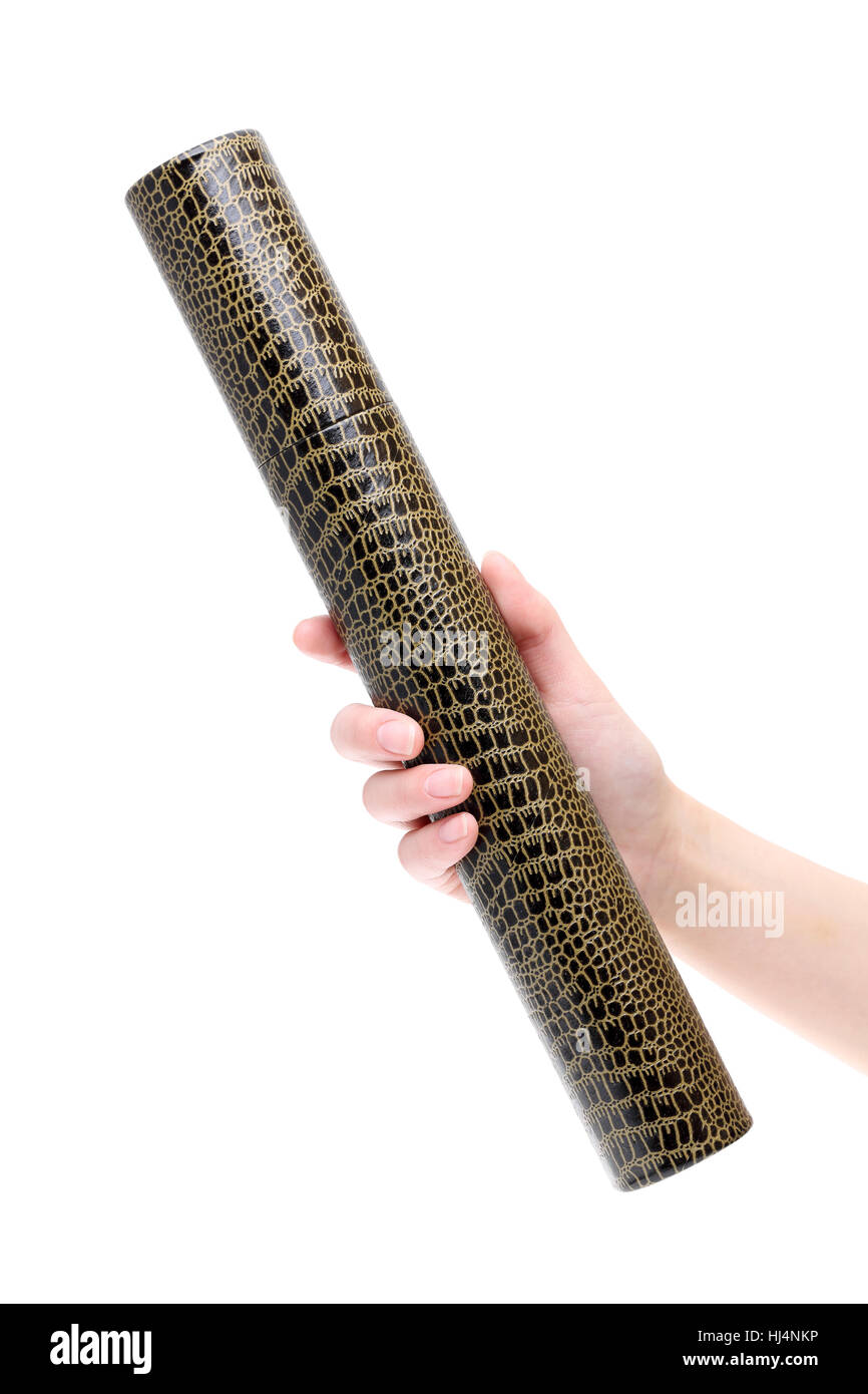 Hand halten japanische Diplom Halter isoliert auf weißem Hintergrund Stockfoto