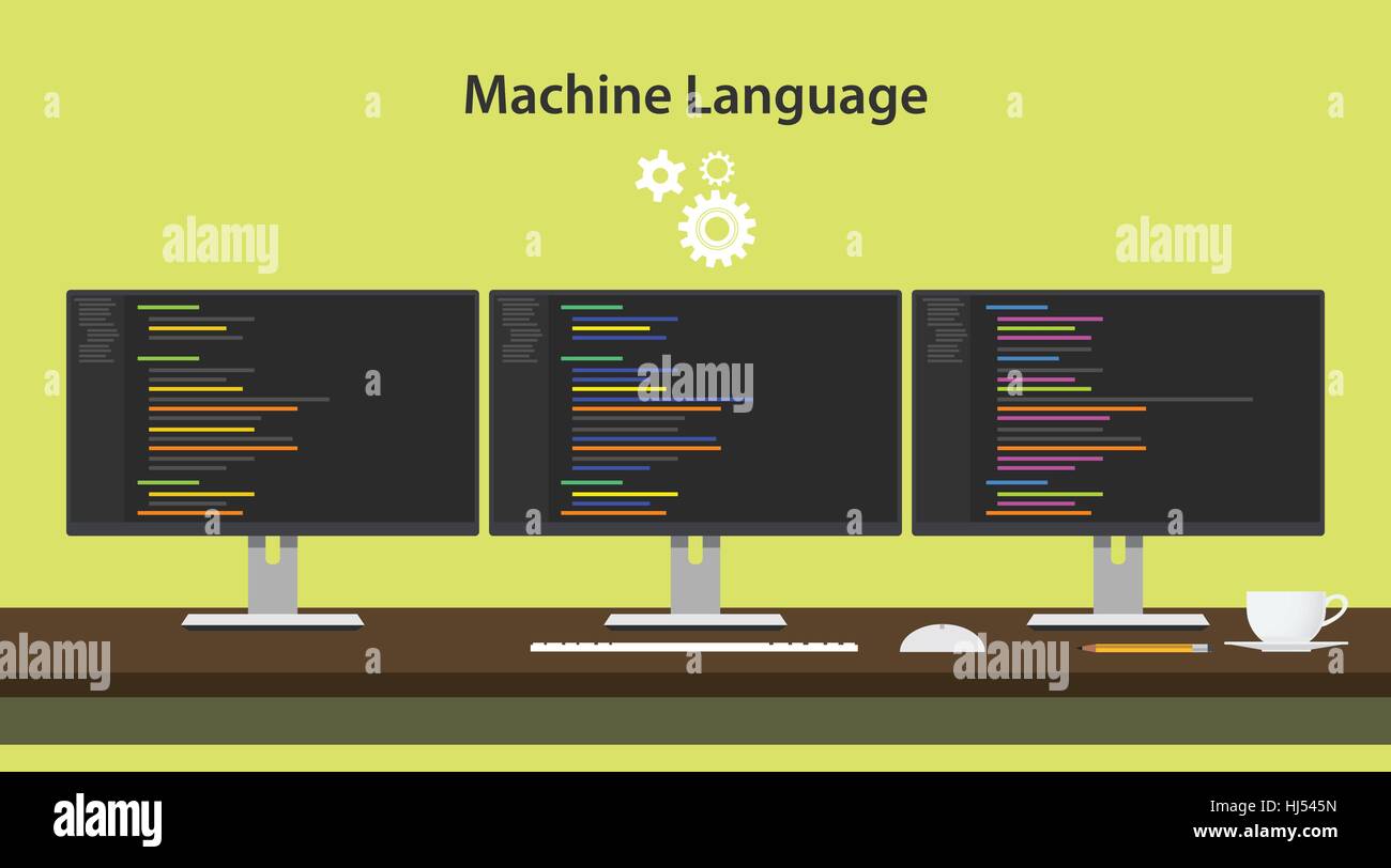 Machine learning-Konzept-Vektor-Illustration mit drei Monitoren auf Tisch Stock Vektor