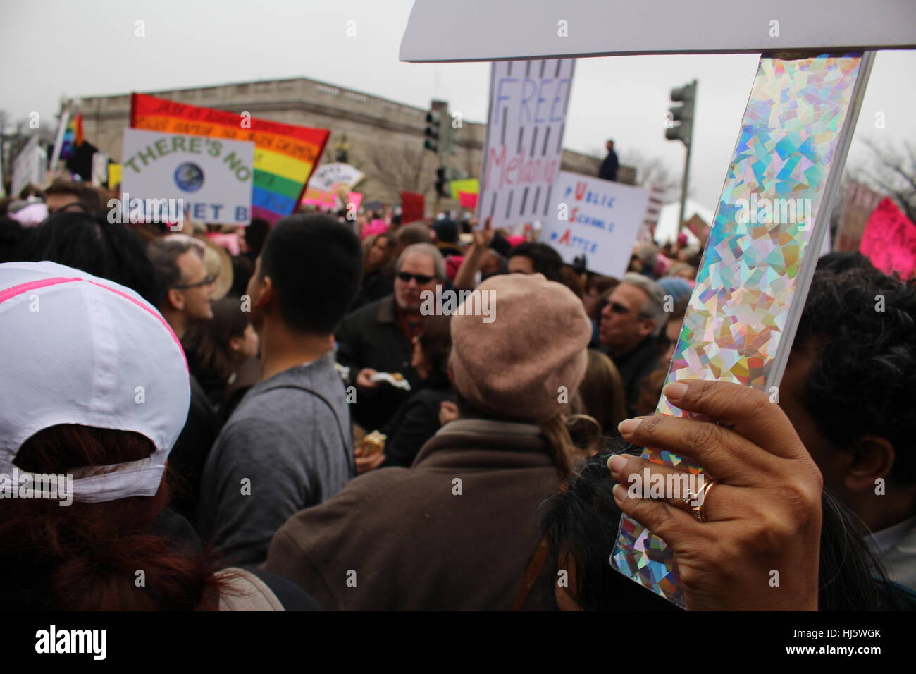 Distrikt von Columbia, USA. 21 Jan, 2017. Eine Frau hält ein Schild mit holographischen Band über den Griff. Stockfoto