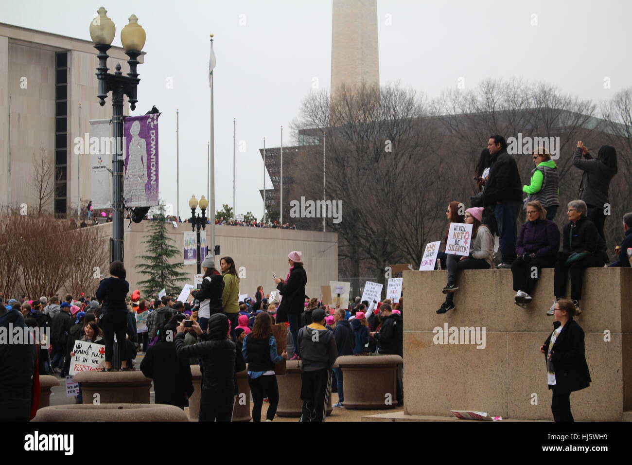 Distrikt von Columbia, USA. 21 Jan, 2017. Demonstranten vor der nationalen Museum der amerikanischen Geschichte auf einer Mauer sitzen. Stockfoto