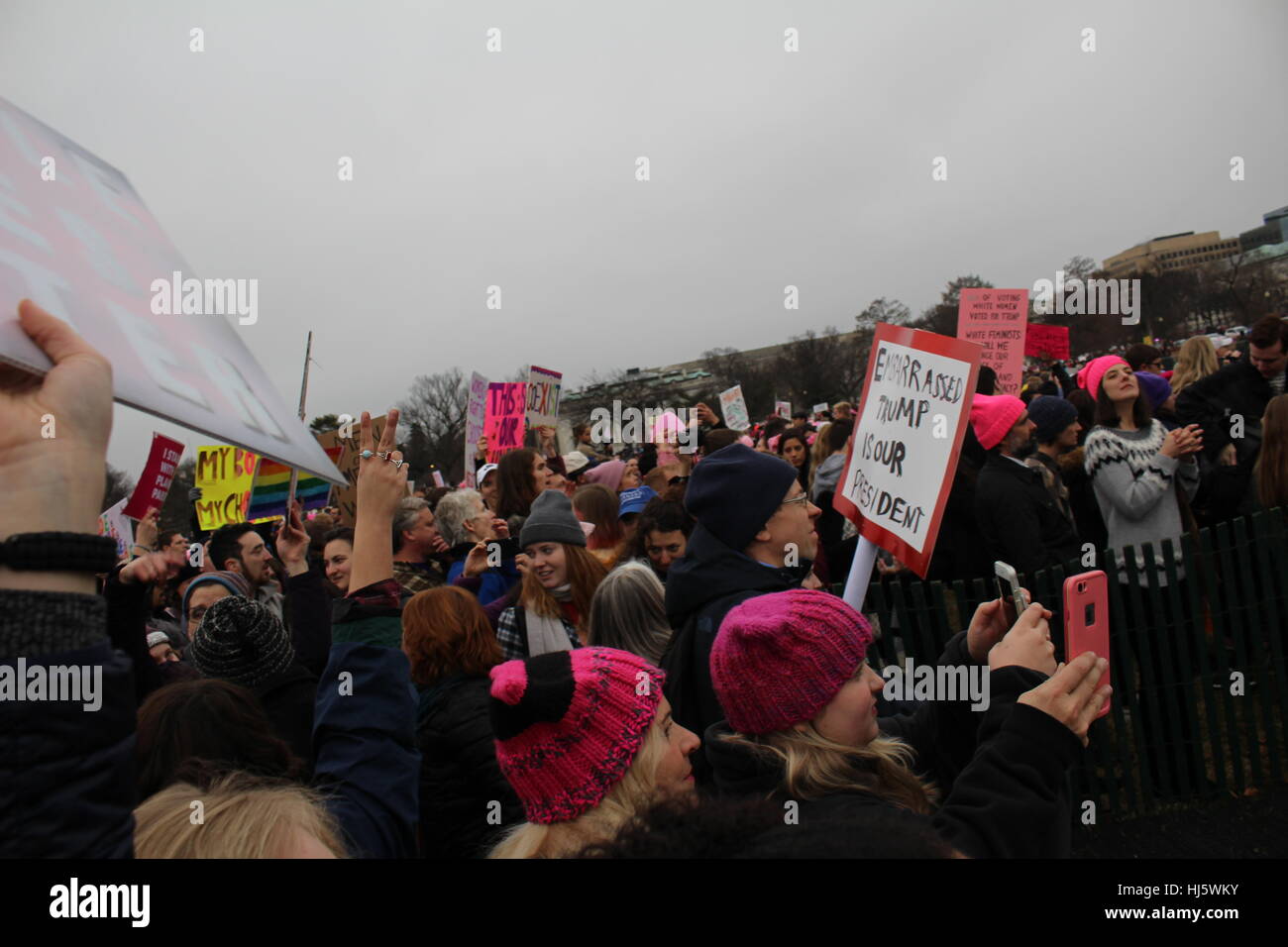 Distrikt von Columbia, USA. 21 Jan, 2017. Die Demonstranten versammeln sich auf dem Rasen des Weißen Hauses, die Bilder und Zeichen. Stockfoto