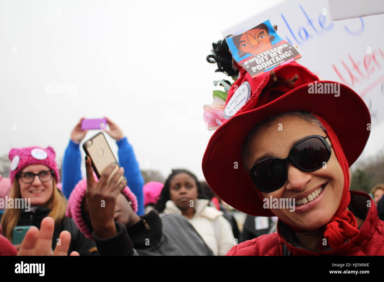 Distrikt von Columbia, USA. 21 Jan, 2017. Eine Frau auf dem Rasen des Weißen Hauses lächelt einen Hut tragen, mit verschiedenen politischen Botschaften, darunter ein Bild mit dem Titel "POLITIKER AUS MEINEM POONTANG!'. Stockfoto