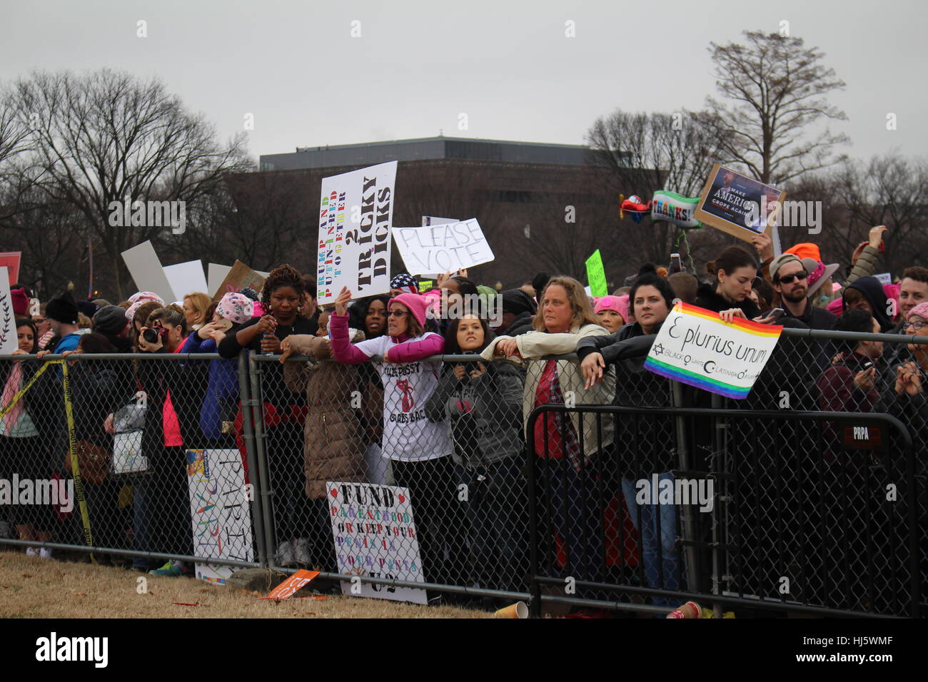 Distrikt von Columbia, USA. 21 Jan, 2017. Die demonstranten Line up unter einem Zaun auf dem Rasen des Weißen Hauses. Stockfoto