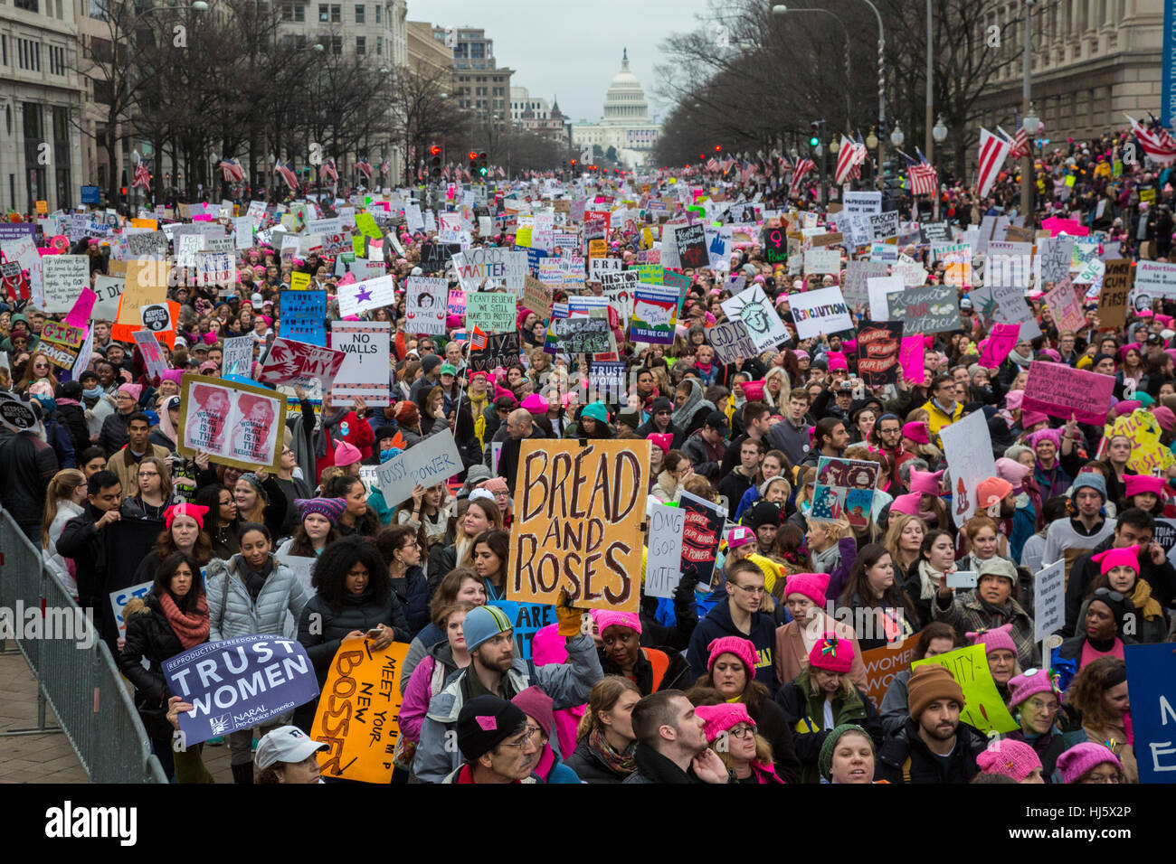 Washington, DC USA - 21. Januar 2017 - die Frauen Marsch auf Washington zog eine geschätzte halbe Million zur Hauptstadt der Nation, Präsident Donald Trump zu protestieren. Es war eine weit größere Masse als seiner Amtseinführung am Vortag erlebt hatte. Bildnachweis: Jim West/Alamy Live-Nachrichten Stockfoto