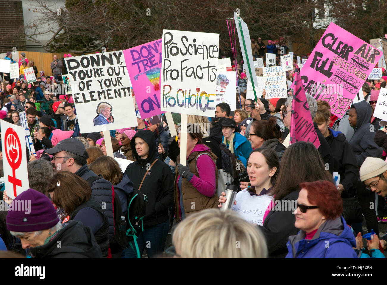 Seattle, Washington, USA. Januar 2017. Eine gutmütige Menschenmenge füllt die Straßen von Seattle, während die Menschen auf dem 3,6 Meilen langen Weg mit den anderen 1.300.000 Anti-Trump-Demonstranten in Richtung Innenstadt fahren. Die Demonstranten trugen Schilder statt zu schreien oder zu singen. Der Frauenmarsch in Seattle verlief friedlich. Es war der größte Ausstoß demokratischer Proteste, den Seattle je gesehen hatte. Quelle: Spring Images/Alamy Live News 2017 Stockfoto