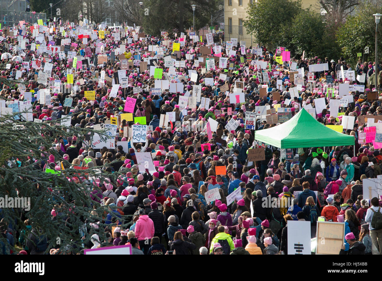 Seattle, Washington, USA. 21. Januar 2017. Eine gut gelaunt Menge der Womens Marsch durch die Straßen von Seattle start vorbereitet. Der Marsch durch die Innenstadt, die 3,6 Meilen übergeben. Es gab mehr als 1.300.000 Anti-Trump-Demonstranten. Die Demonstranten trugen Zeichen anstatt zu schreien oder singen. Die Frauen März in Seattle war friedlich. Es war das größte out-Gießen von demokratischen Protest Seattle je gesehen hatte. Bildnachweis: Frühling Bilder/Alamy Live-Nachrichten Stockfoto