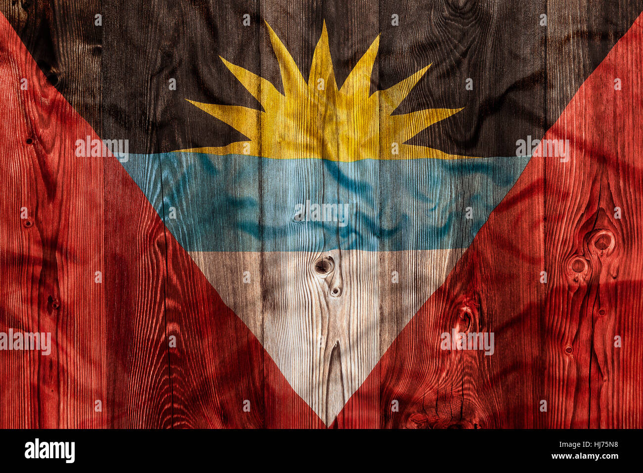 Flagge von Antigua Barbuda auf hölzernen Hintergrund Stockfoto