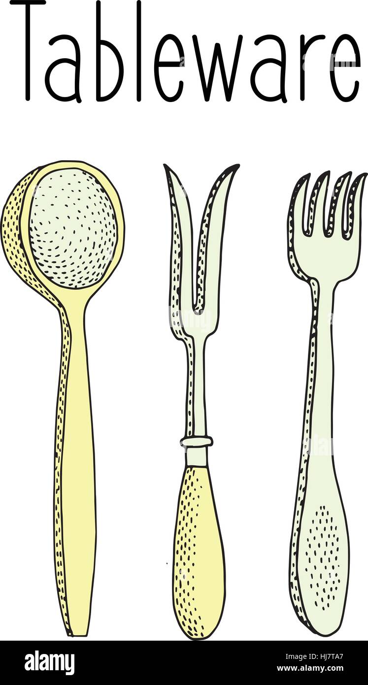 Besteckset, Löffel, Gabel und Messer. Skizze-Vektor-illustration Stock Vektor
