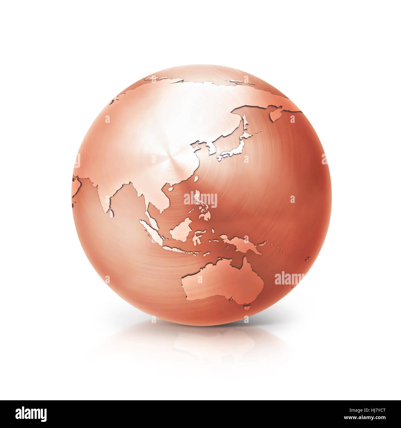 Kupfer 3D-Illustration Asien und Australien Globuskarte auf weißem Hintergrund Stockfoto