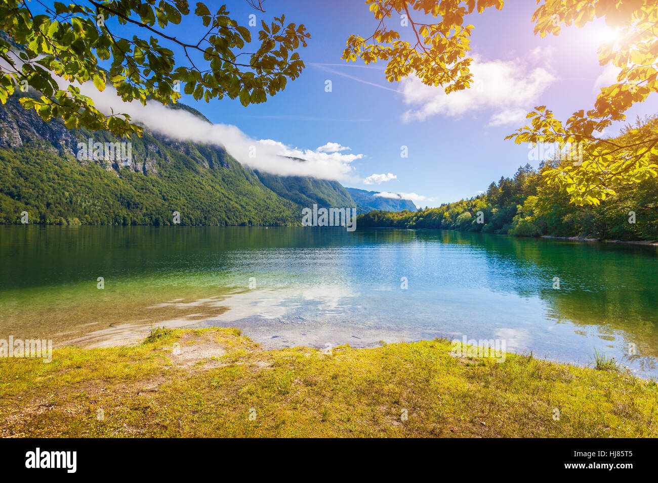 Bunte Sommermorgen am Bohinj See im Triglav Nationalpark Slowenien, Alpen, Europa. Stockfoto