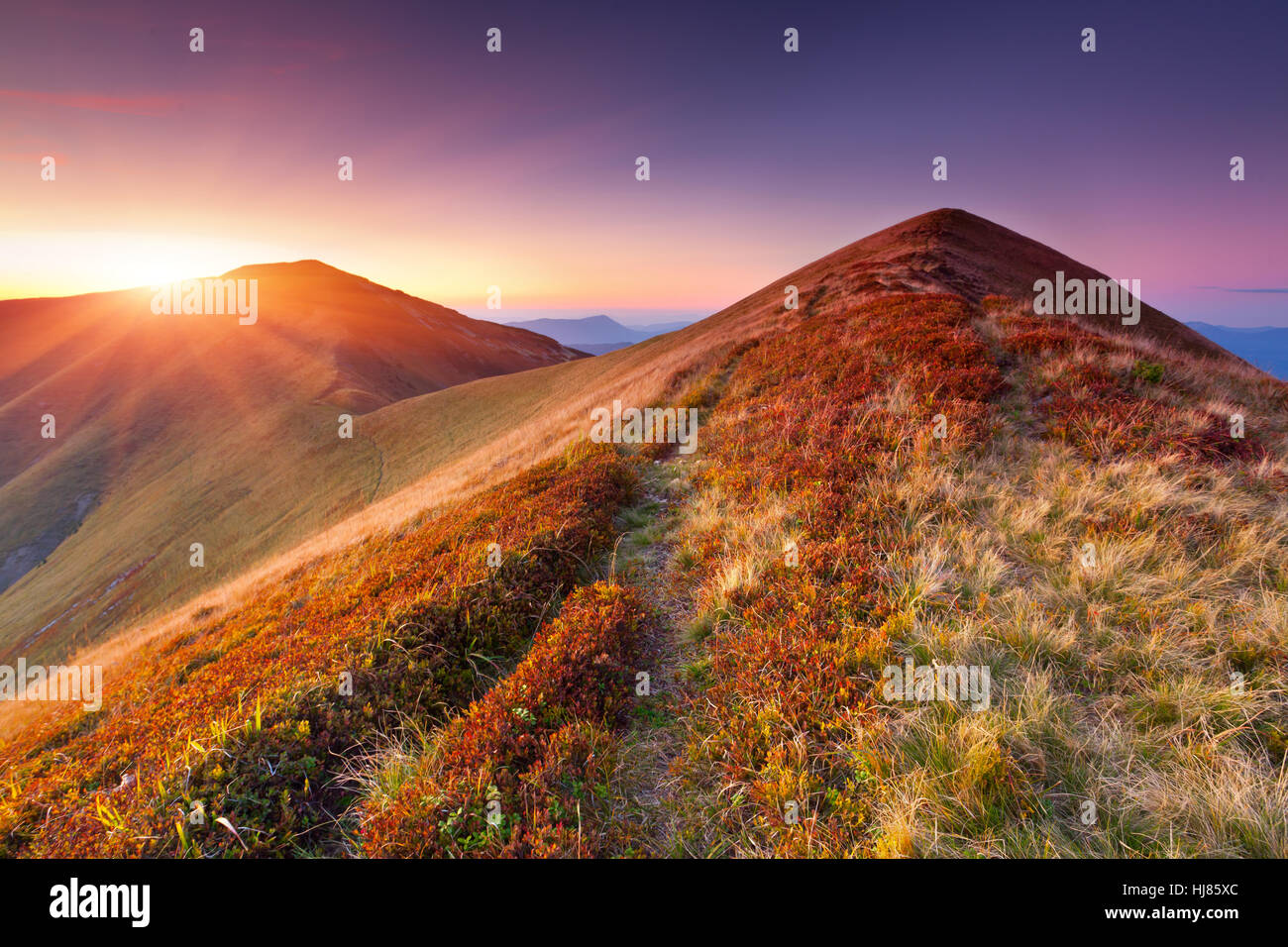 Schöne bunte Herbstlandschaft in den Bergen. Sunrise Stockfoto