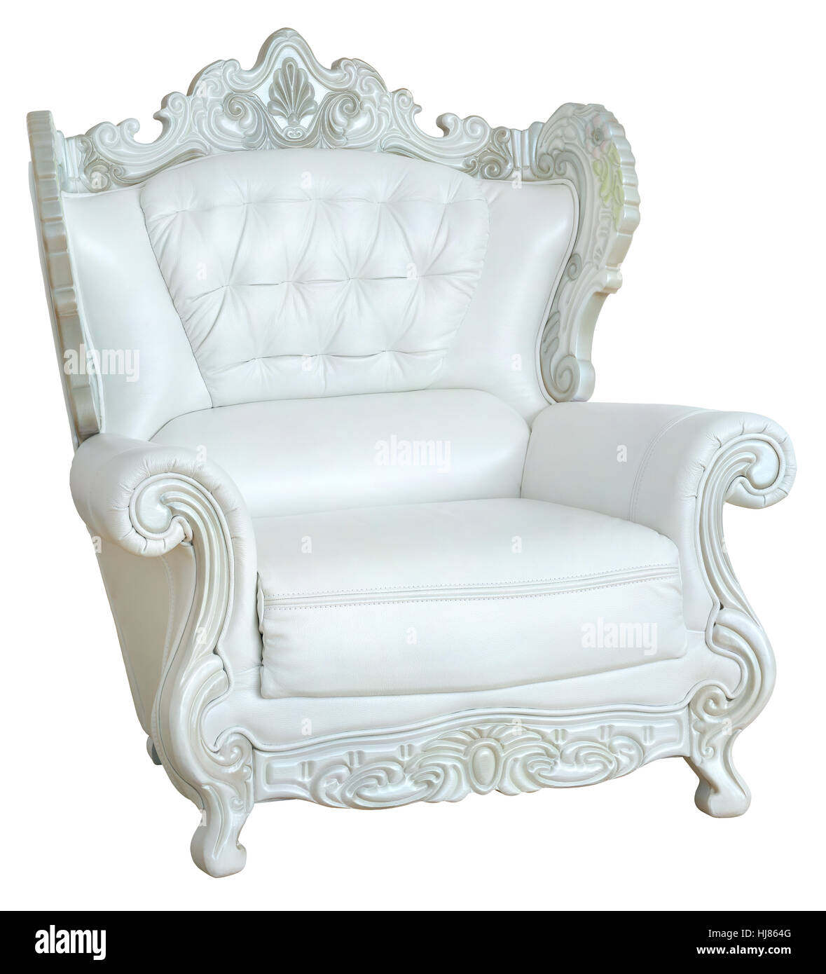 Luxuriöse Sessel aus weißem Leder auf dem weißen Hintergrund isoliert. Stockfoto