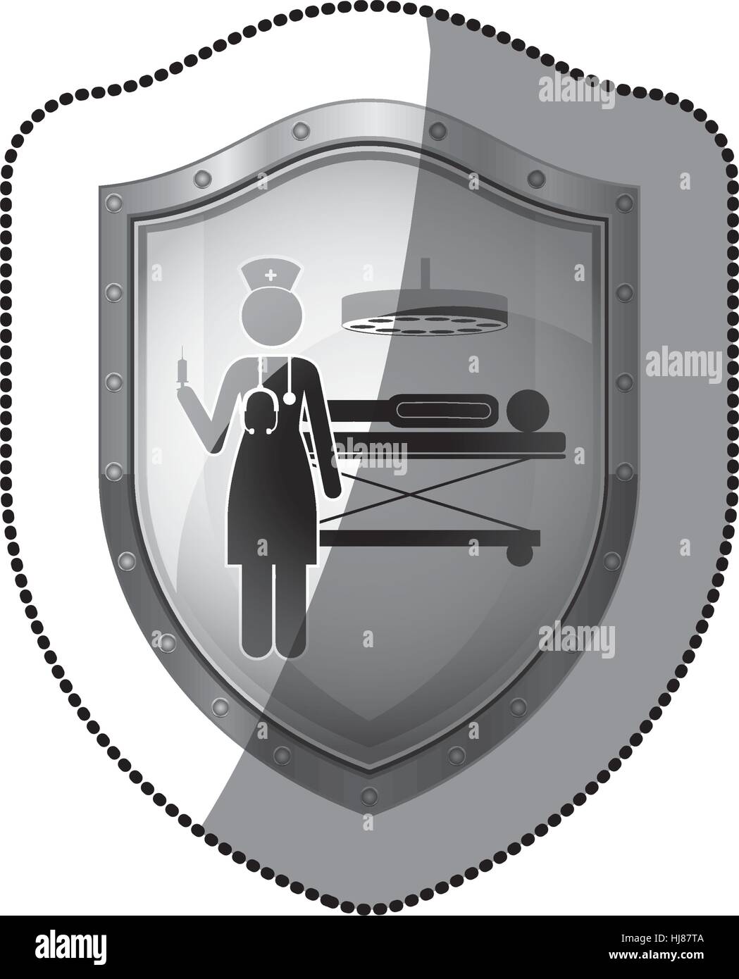 Aufkleber Schild mit Krankenschwester im Gefechtsstand mit Pacient Vektor-illustration Stock Vektor