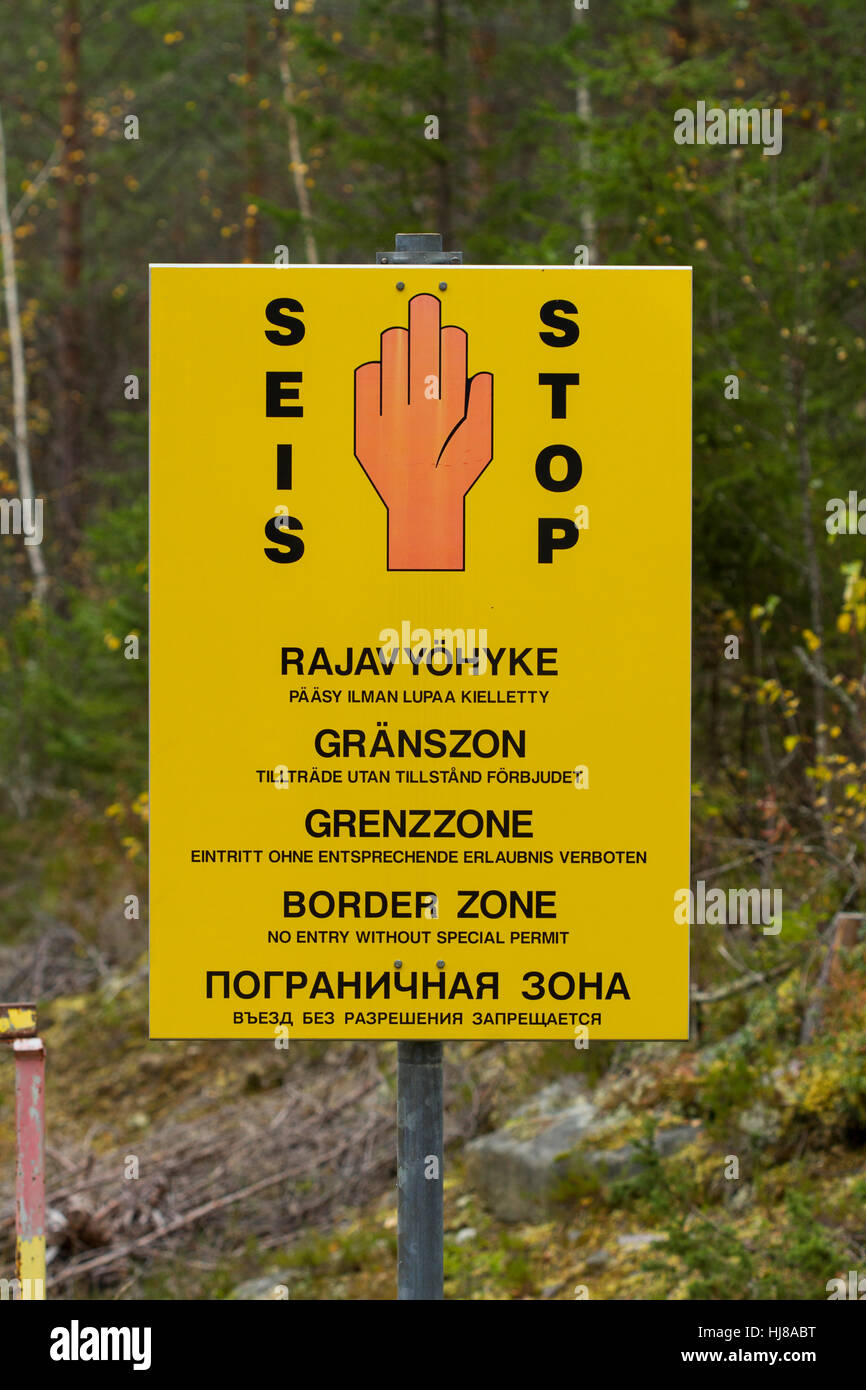 Russischen Grenze Schilder, Kuhmo, Kainuu, Nord Karelien, Finnland Stockfoto
