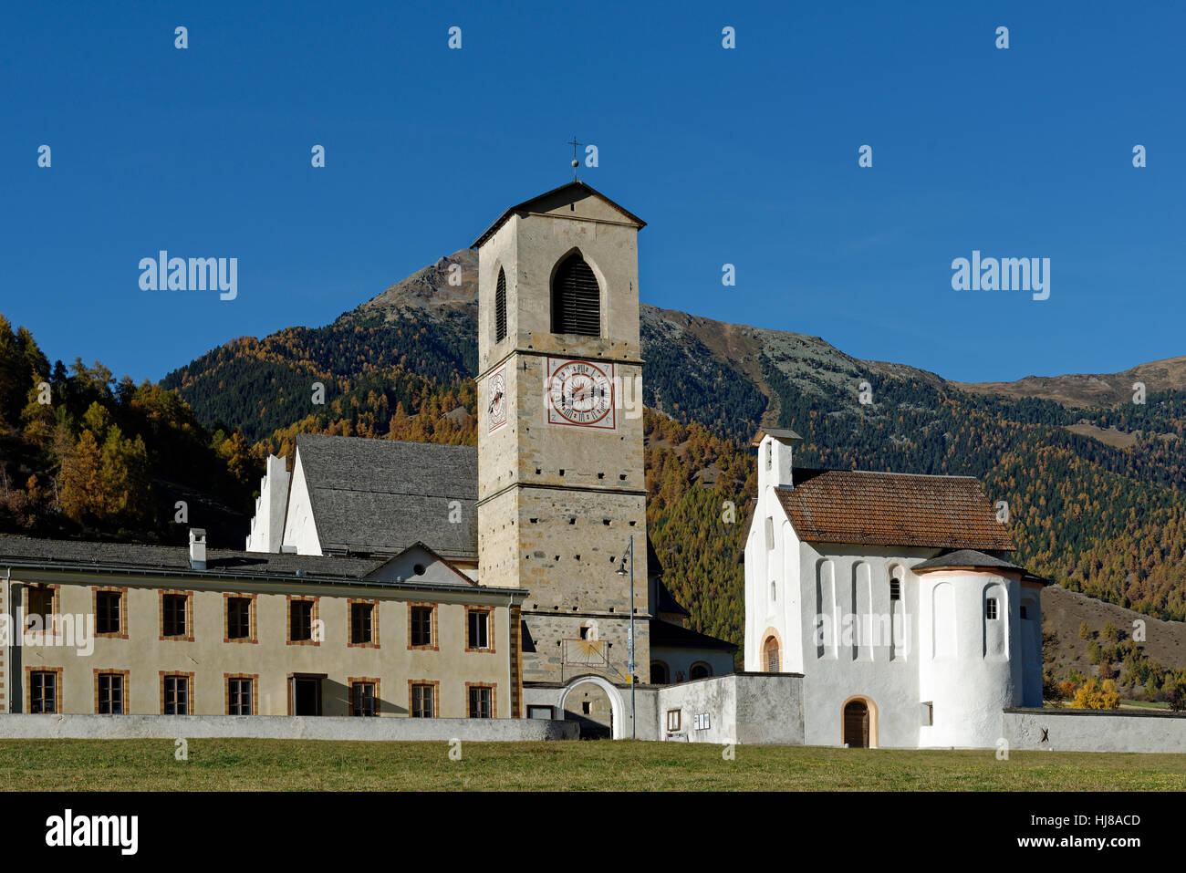 Die Abtei von Saint John Müstair, Benediktiner-Kloster, Kanton Graubünden, Schweiz Stockfoto