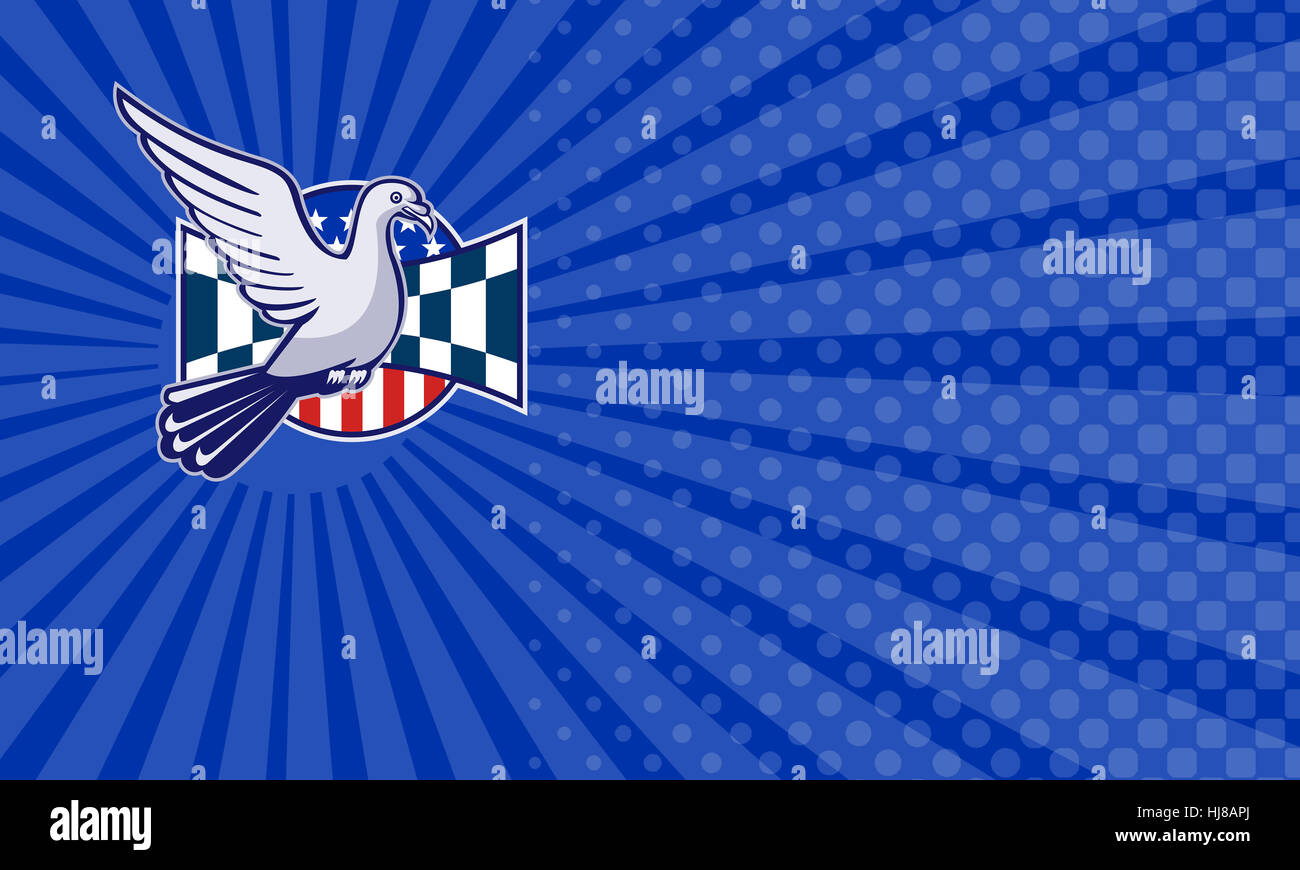 Visitenkarte zeigt Abbildung von Brieftauben mit Rennflagge und amerikanischen Stars and Stripes im inneren Kreis. Stockfoto