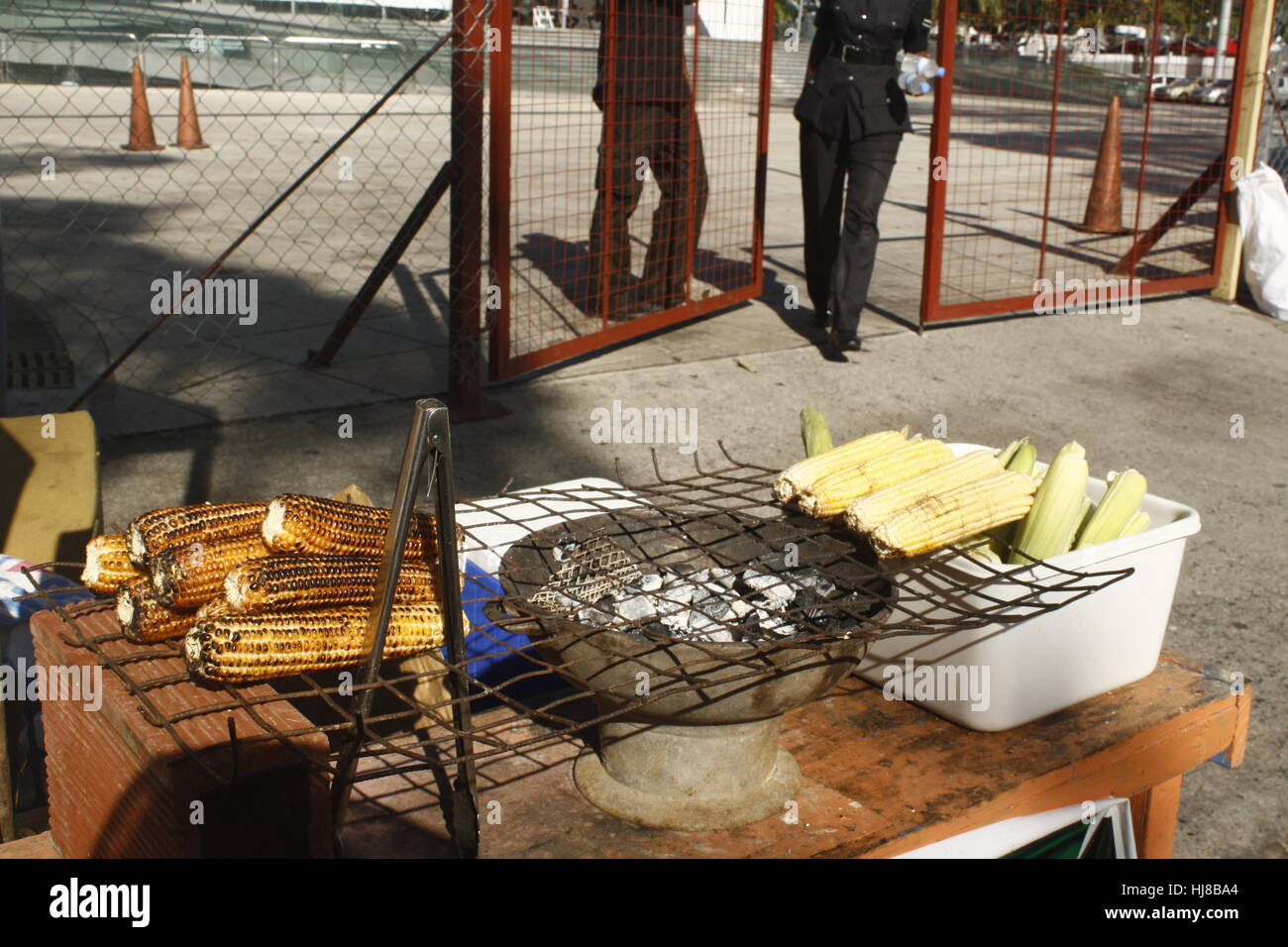 Geröstete Hühneraugen auf einem Kohle-Topf an der Königin-Park-Savanne für Karneval. Stockfoto