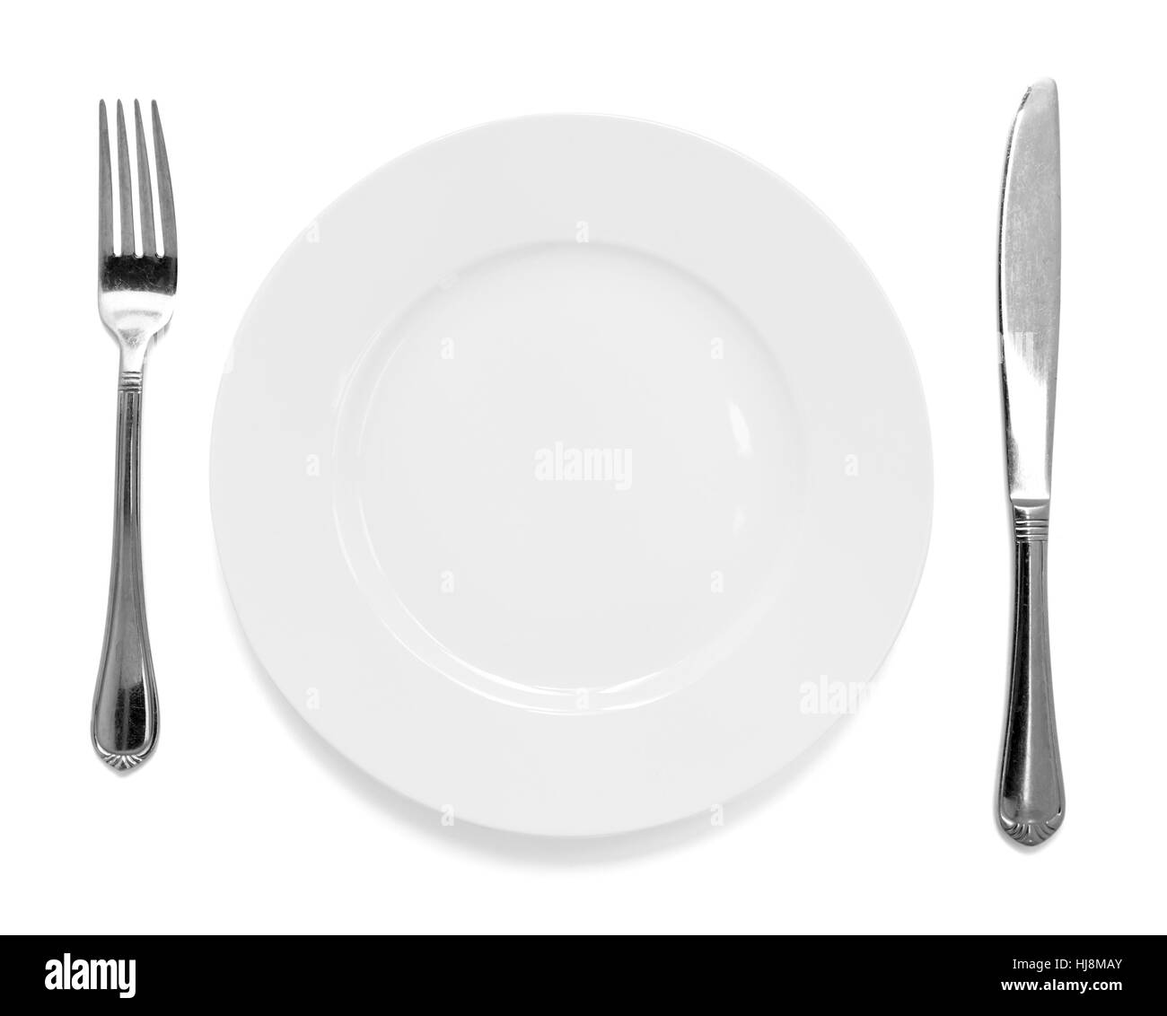 isoliert, Teller, Gabel, Essen, Speise, Mahlzeit, leer, Essen, Essen, isst, weiß, Arm, Stockfoto