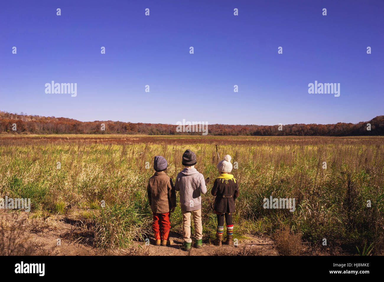 Drei Kinder stehen auf einer Wiese Stockfoto