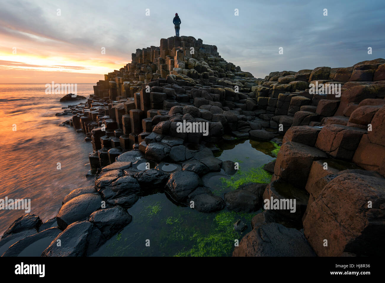 Frau auf Giants Causeway bei Sonnenuntergang, County antrim, Nordirland, Großbritannien Stockfoto