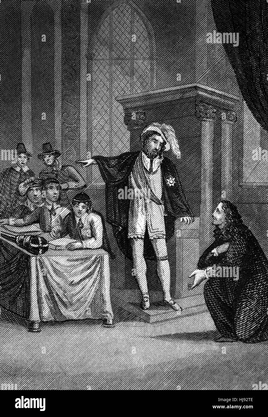 King Charles ich (1600 – 1649): am 3. Januar 1642, Charles leitete der Redner im Parlament fünf rebellischen Mitgliedern der Allmende – John Pym, John Hampden, Denzil Holles, William Strode und Sir Arthur Haselrig – und einem Peer – Lord Mandeville – wegen Hochverrats aufgeben. Als Parlament ablehnte, beschlossen Charles die fünf Mitglieder gewaltsam zu verhaften. Jedoch Nachrichten des Haftbefehls erreichte das Parlament vor ihm, und die gesuchten Männer schlüpfte mit dem Boot kurz vor Charles House Of Commons mit bewaffnete Wache am 4. Januar 1642 getreten. Stockfoto