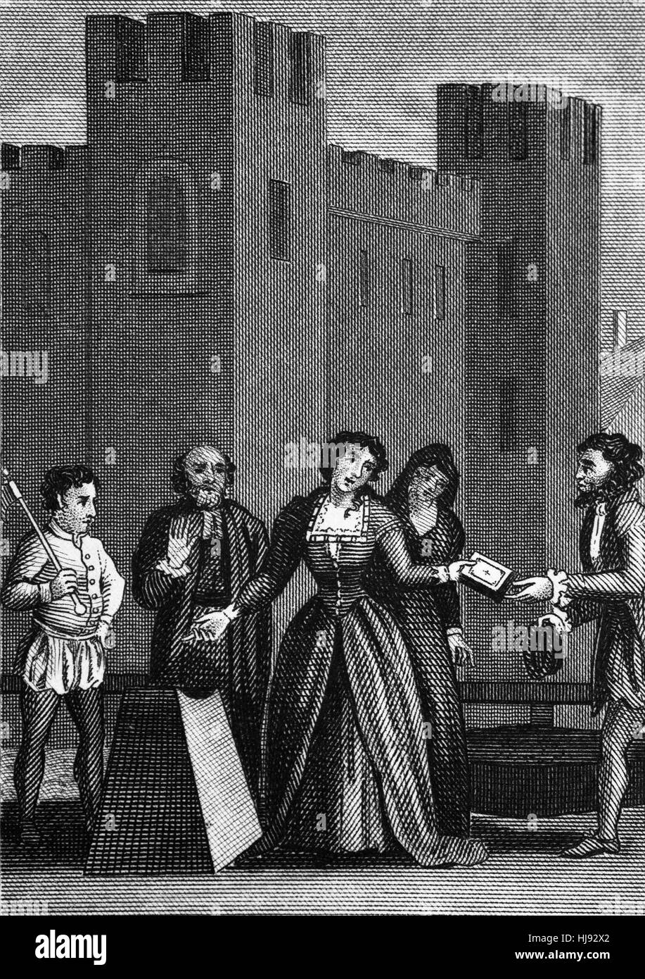 Lady Jane Grey (1536 – 1554), auch bekannt als die neun-Tage-Königin war eine englische Adlige und de-facto-Herrscher von England und Irland vom 10. Juli bis 19 Juli 1553. Einrichtung Loyalitäten wechselte Maria ich (1516 – 1558), Königin von England wurde.  Nach Marys Beitritt Lady Jane Grey wurde beschuldigt, des Verrats und am Morgen des 12 Februar 1554, wurde getroffen, um Turm grün, im Inneren des Turmes geköpft werden. Stockfoto