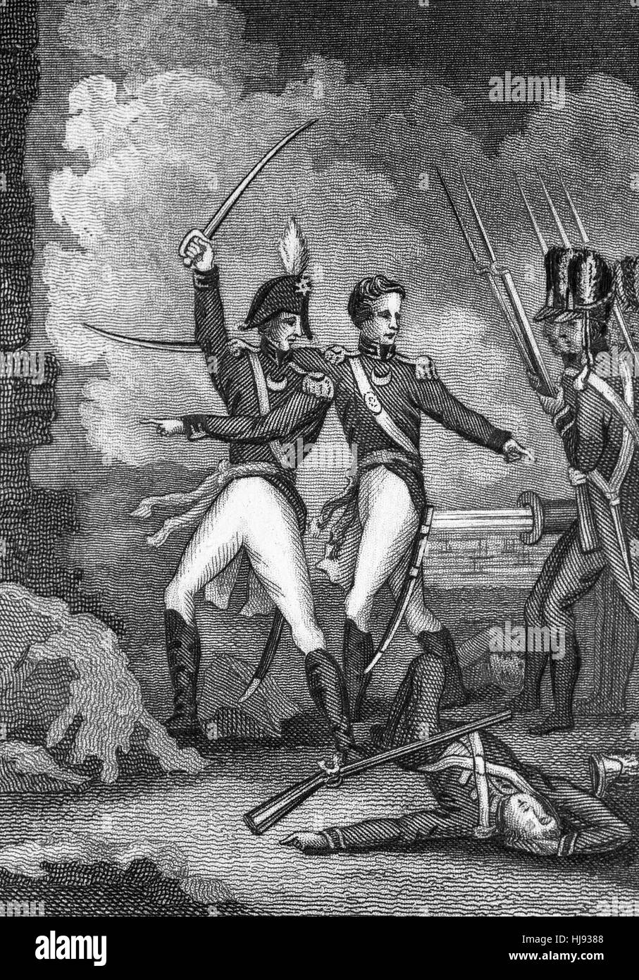 Der britische Angriff auf Fort Charlotte am Morne Fortune, Hügel und ein Wohngebiet befindet sich südlich von Castries, St. Lucia in der Karibik. Ursprünglich war es eine Festung, die von den Franzosen gebaut, er wurde am 24. Mai 1796 von den Briten gefangen genommen. Stockfoto