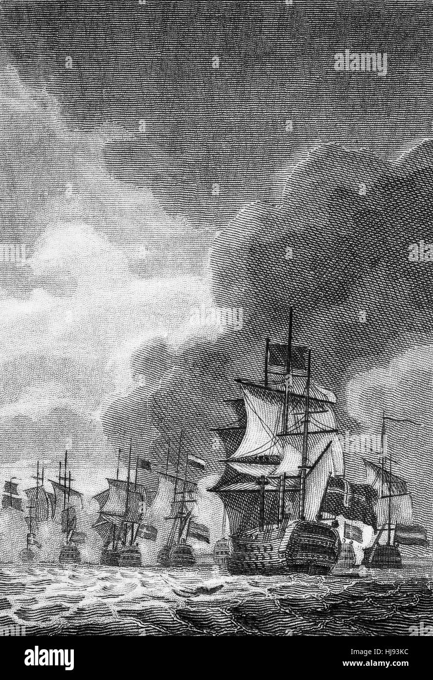 Sir Edward Spragges aka Spragg oder Sprague (ca. 1620-1673) war ein irischer Admiral der Royal Navy. Er war ein feurig, brillant versierter Seemann, die nach der Restaurierung von König Charles II in 1660 einschließlich eine Niederlage der Niederländer im Jahre 1672, während der dritte Anglo-niederländischen Krieg in der Spragges im Befehl des roten Geschwaders auf "The London" war in der Schlacht von Solebay 1672 in vielen großen Schlachten gekämpft. Stockfoto