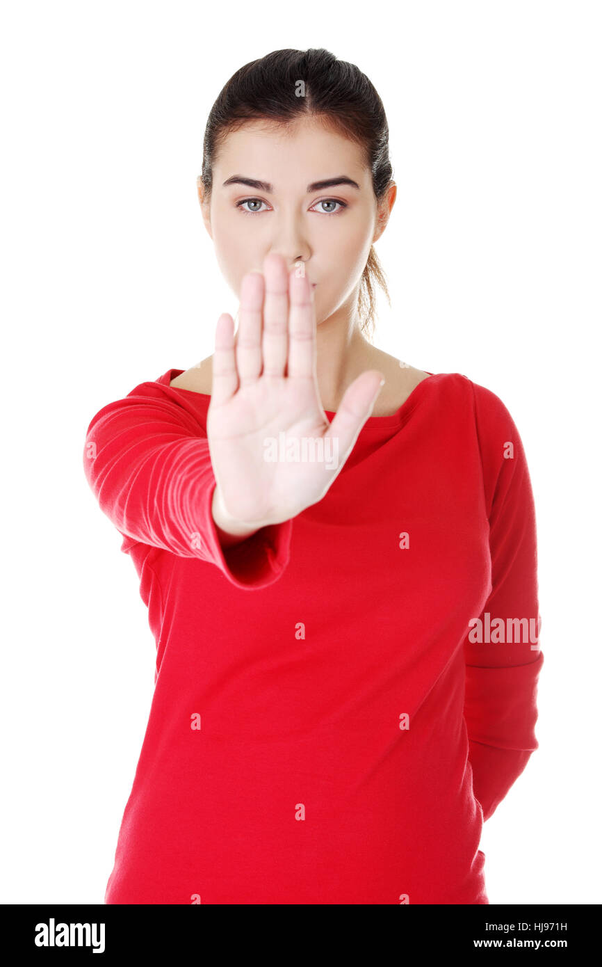 Zeichen, signal, Geste, warten, warten, Gefahr, Frau, Frauen, Bestellung, Hand, Stockfoto