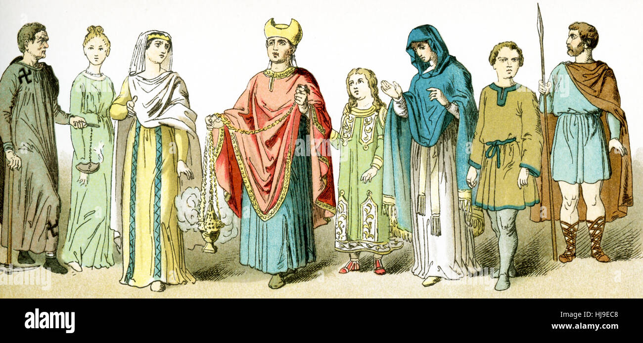 Die Zahlen von links nach rechts, hier vertreten repräsentieren alten Roman Christians. Von links nach rechts, sie sind: ein Totengräber aus den Katakomben, zwei Frauen, ein Priester, eine Frau mit zwei Kindern und ein Soldat. Die Abbildung stammt bis 1882. Stockfoto