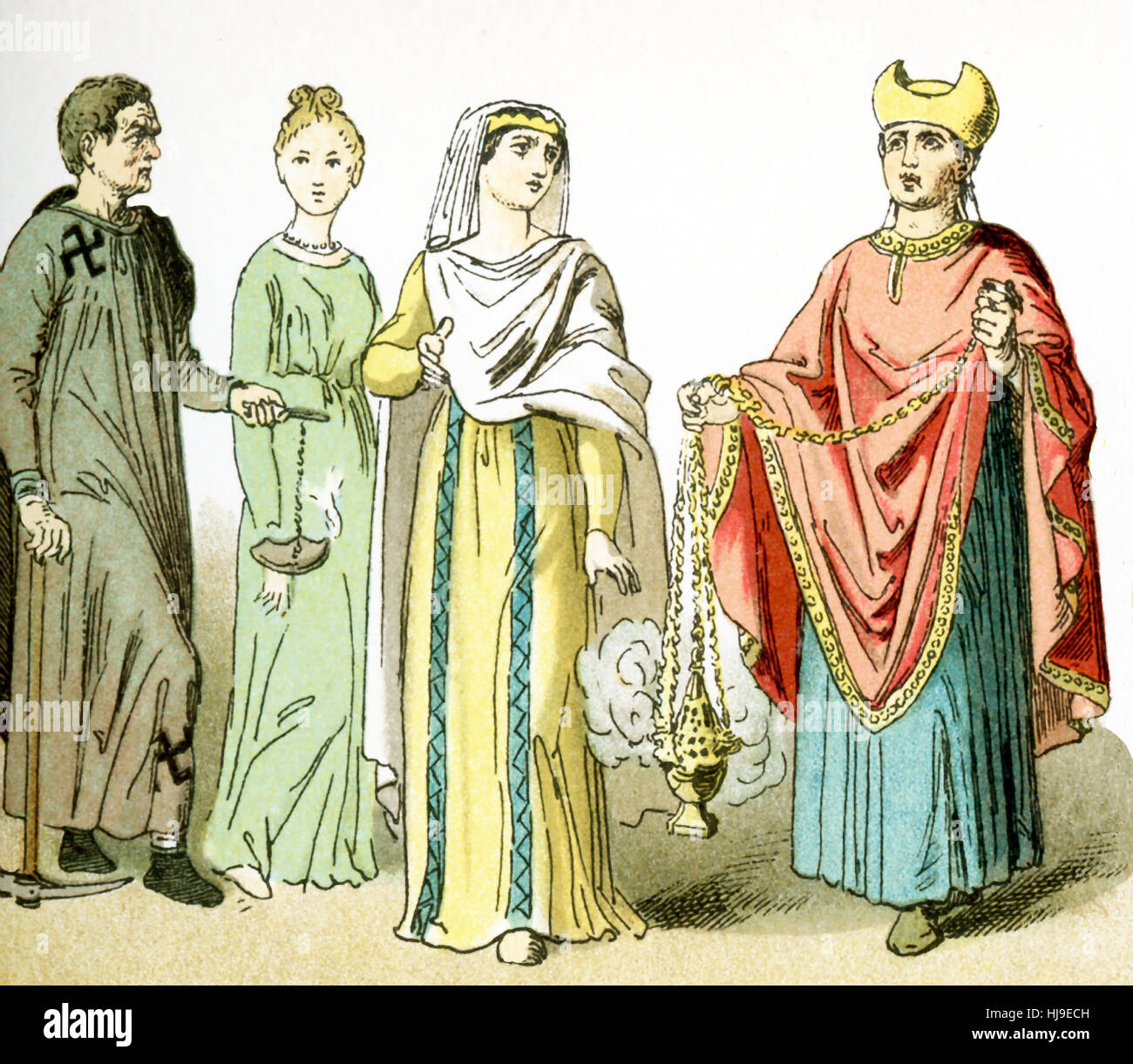Die Zahlen von links nach rechts, hier vertreten repräsentieren alten Roman Christians. Von links nach rechts, sie sind: ein Totengräber aus den Katakomben, zwei Frauen und ein Priester. Die Abbildung stammt bis 1882. Stockfoto