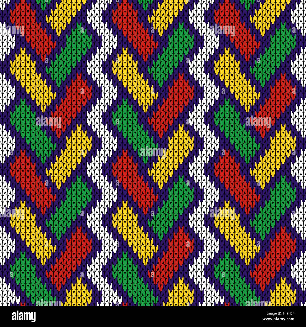 Verflechtung von geometrischen Linien in rot, grün, gelb und blau auf weißem Hintergrund, nahtlose stricken Vektormuster als Stoff Textur Stock Vektor