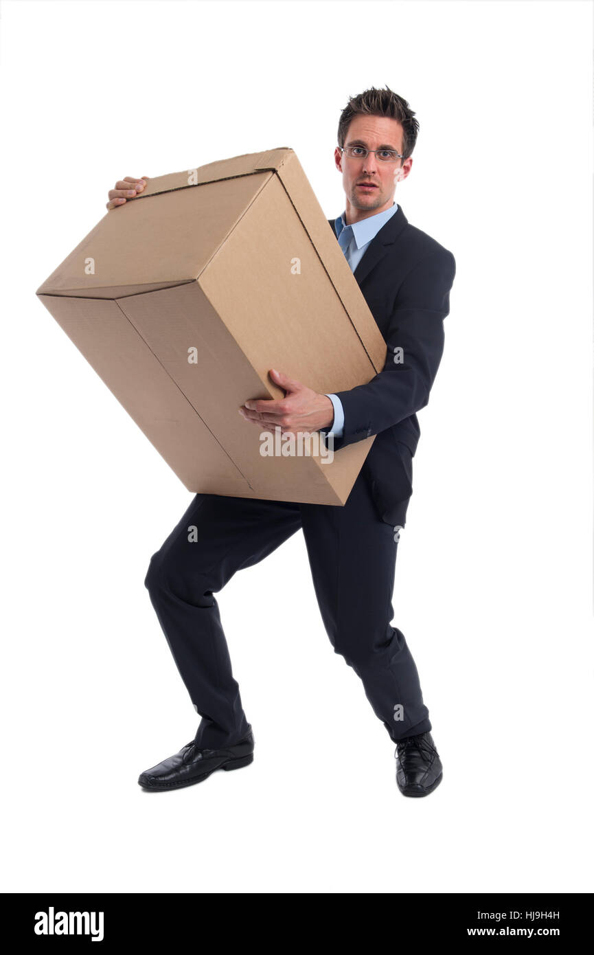 Geschäftsmann mit einer großen Kiste in der hand Stockfoto