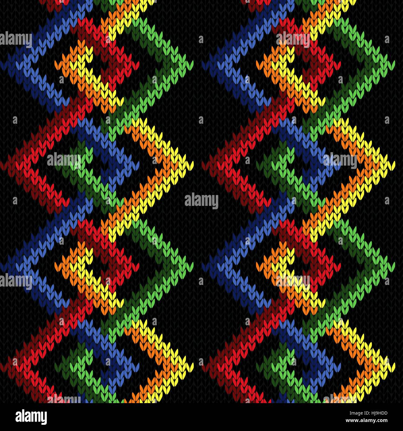 Verflechtung von geometrischen Linien in rot, grün, gelb, orange und blau auf schwarzem Hintergrund, nahtlose stricken Vektormuster als Stoff Textur Stock Vektor